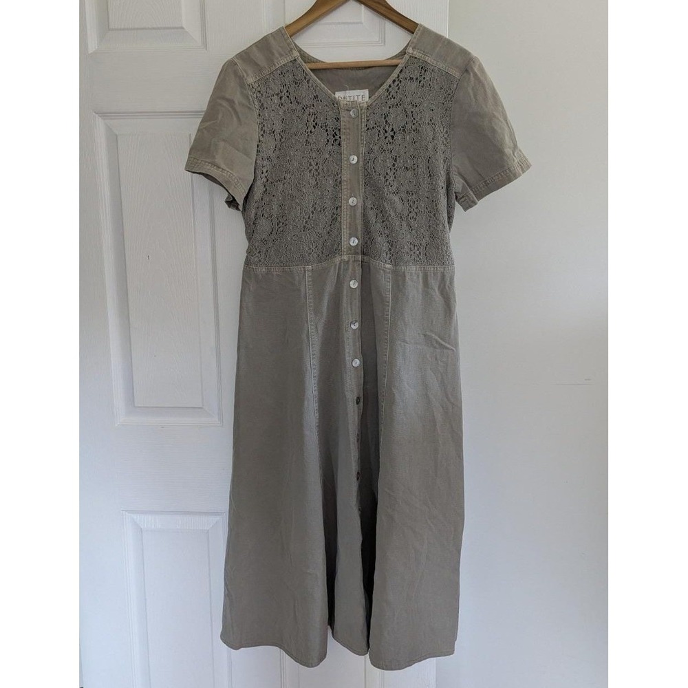 Vtg Denim Maxi Dress Sz 14P Belted Cotton Lace Yoke Oatmeal Button Up Lagenlook